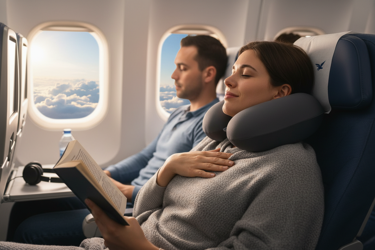 person on a plane with a u shape neck pillow